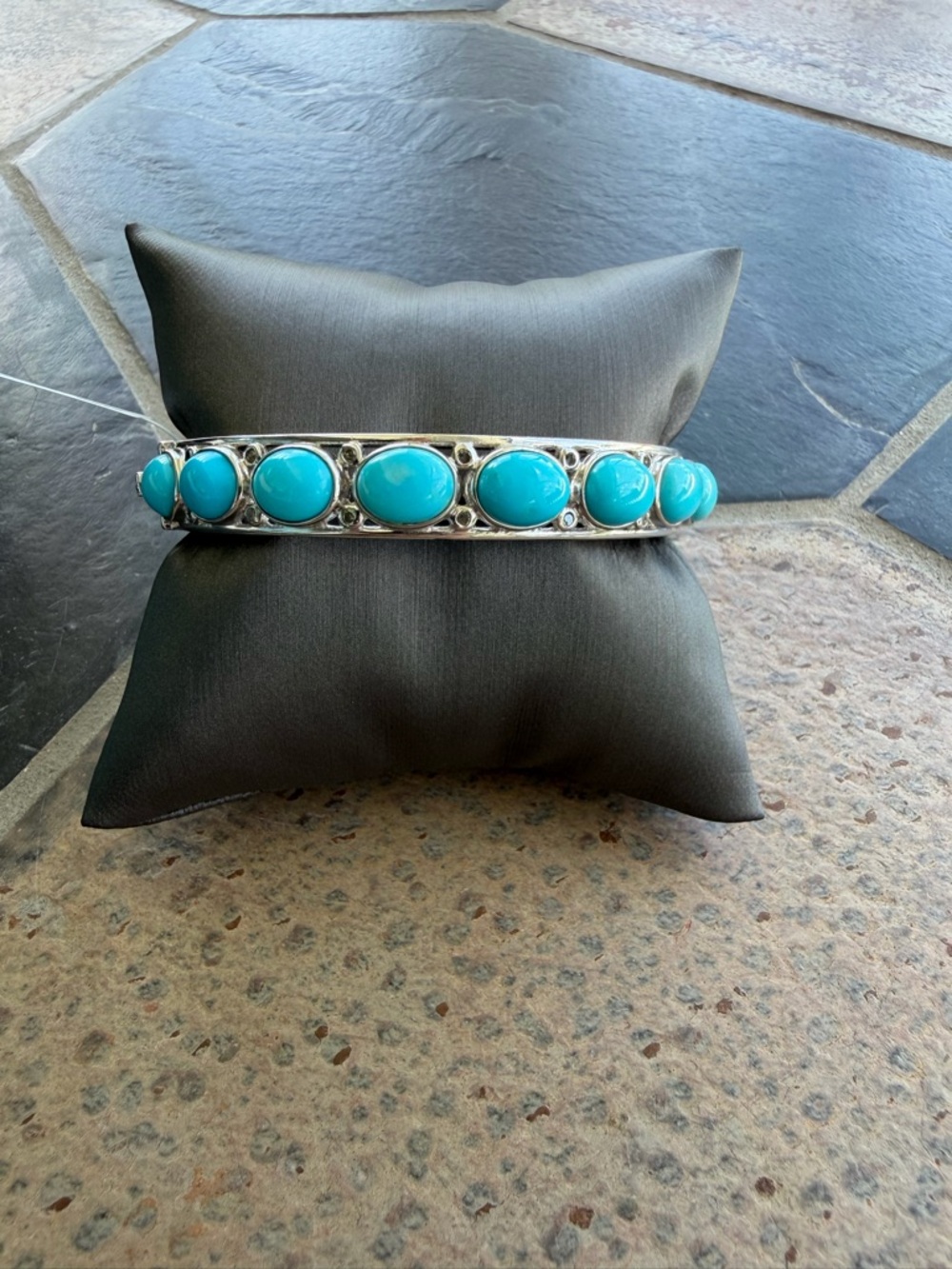 Turquoise Stone & Diamond Silver Bangle Bracelet 7”